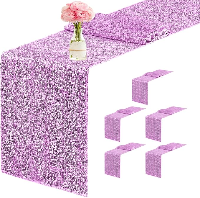 6 Packs 12 x 72 inches Sequin Table Runner, Lavender Glitter Table Runner for Birthday Party Supplies Wedding Engagement Baby Shower Holiday Celebration Event Decorations