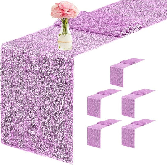 6 Packs 12 x 72 inches Sequin Table Runner, Lavender Glitter Table Runner for Birthday Party Supplies Wedding Engagement Baby Shower Holiday Celebration Event Decorations