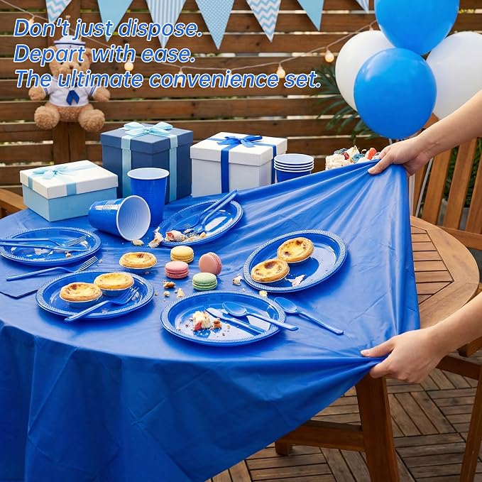352 Pcs Blue Plastic Plates Party Set, 50 Guests Disposable Dinnerware Set with Deep Blue Tablecloths, Classic Blue Plastic Plates Party Set for Wedding/Anniversary/Nautical Party/Men's Event