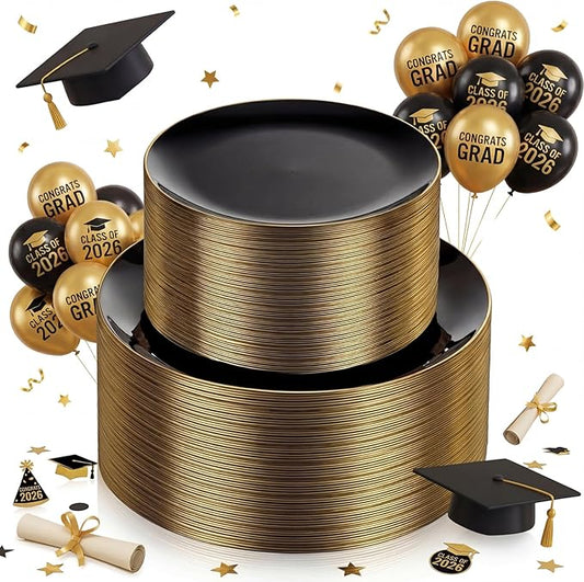 KIRE 100PCS Black and Gold Plates - Black Plastic Plates Disposable with Gold Rim Include 50Pcs 10.25inch Dinner Plate and 50Pcs 7.5inch Dessert/Salad Plate for Party/Wedding/Birthday/Graduation