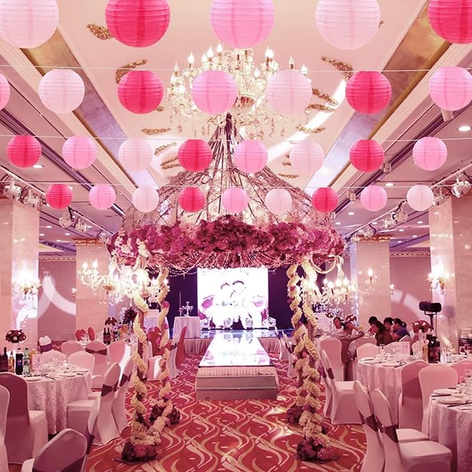 CC wonderland zone 12pcs Pink Hanging Paper Lanterns,Round Paper Lanterns for Baby Shower Wedding Valentine's Day Engagement Birthday Party Decorations
