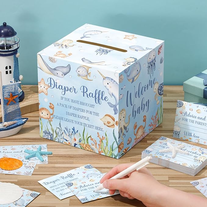 Teling 51 Pieces Diaper Raffle Tickets with Card Box Baby Shower Decorations Baby Shower Holder Box for Girl Boy Diaper Raffle Party(Ocean Animals)