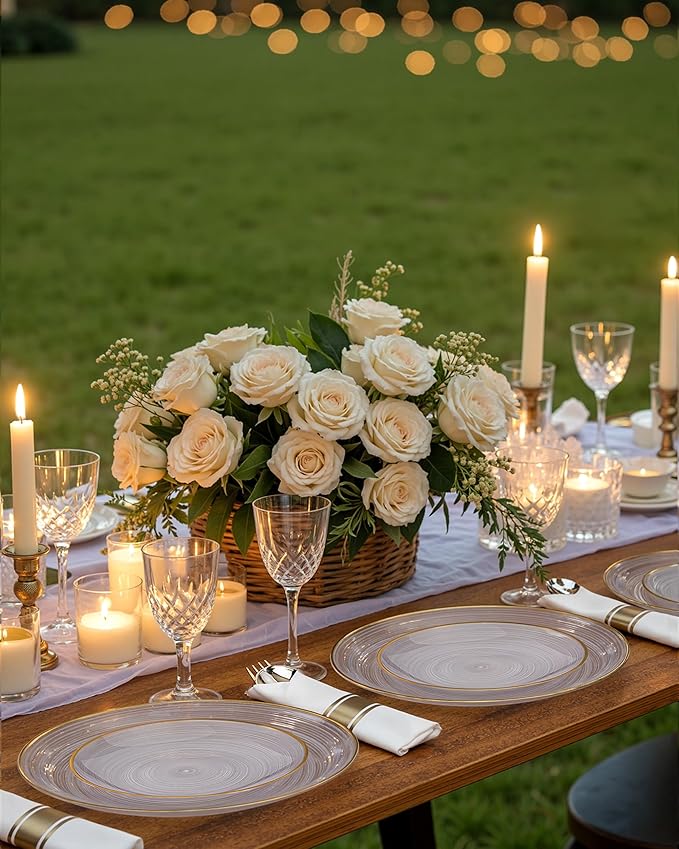 Morejoy 350PCS Clear Gold Plastic Plates - Disposable Gold Party Plates & Pre Rolled Napkins with Cutlery for 50 Guests, 100Plates, 150Silverware, 50Cups, 50Napkin for Party & Mother's Day