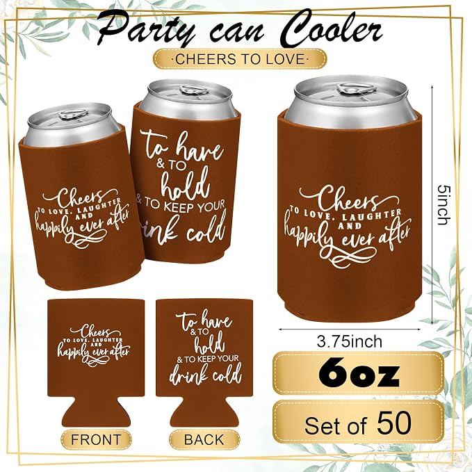Qinyoung 50 Pieces Chocolate Wedding Can Cooler Sleeves Bulk Engagement Party Favors for Guests Cheers to Love Laughter and Happily Ever After Rehearsal Dinner Decorations for Wedding Bridal