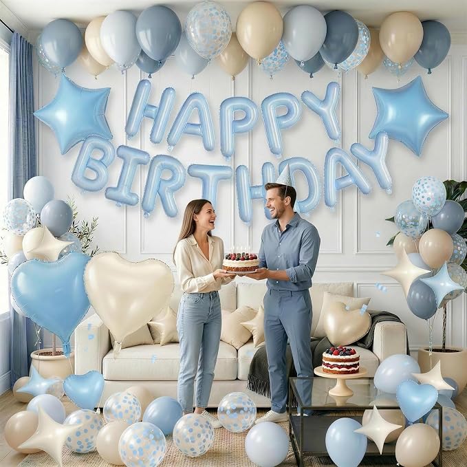 Dusty Blue Birthday Decorations for Boys Fog Baby Light Baby Blue Sand White Balloons Confetti Party Balloon Happy Birthday Banner Heart Balloons 18/10 Inch Star Balloon for Men Bday Party Supplies