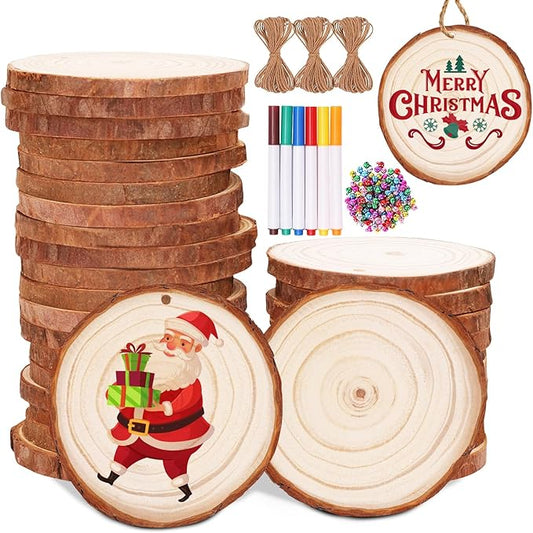 Max Fun Natural Wood Slices 30pcs 2.8"-3.1" Craft Wood Kit Christmas Ornaments Unfinished Predrilled with Hole Wooden Circles for Arts and Crafts Christmas Holiday Ornaments DIY Crafts