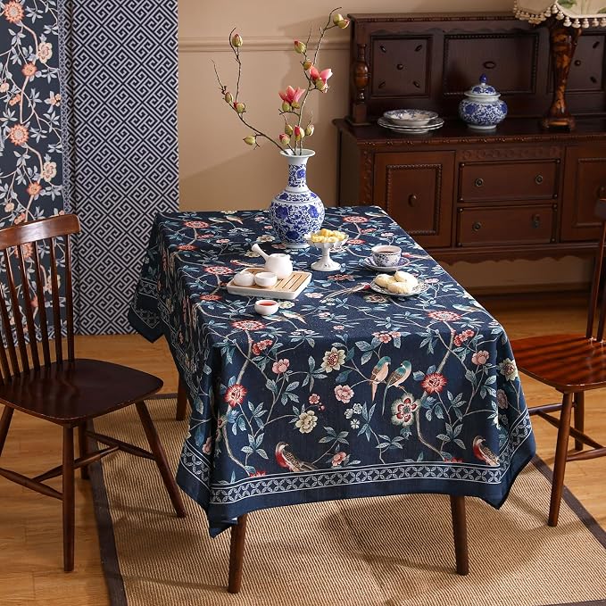 patdrea Elegant Vintage Linen Tablecloth,Rectangular,110"x63"-Lanruoting | Vintage Table Cloth for Rectangle Table,Blue Oriental Bird Floral Print,Dining Tea Party Thanksgiving Coffe Table Decor
