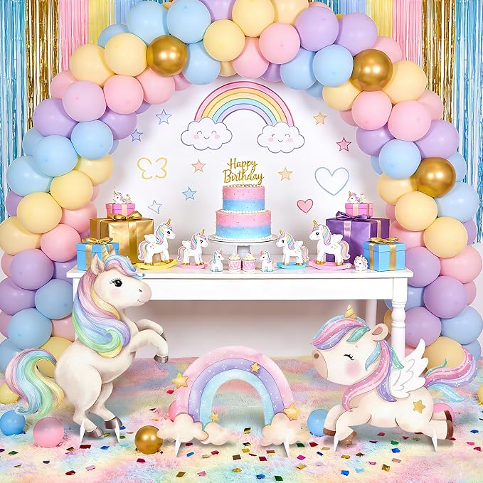 3Pcs Unicorn Birthday Decorations, Large Rainbow Unicorn Cardboard Cutout Standup, Girls Baby Shower Party Signs for Photo Booth Props Backdrops Indoor Outdoor Cartoon Party Supplies