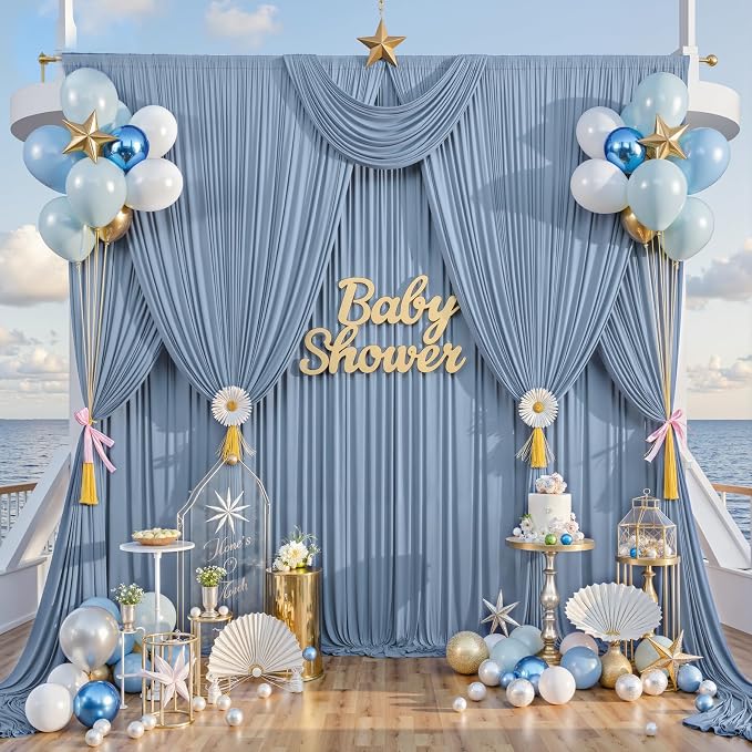 50ft x 10ft Wrinkle Free Dusty Blue Backdrop Curtain for Parties, 10 Panels 5x10ft Silky Polyester Backdrop Drapes Photo Back Drop Cloth for Wedding Birthday Baby Shower Photography Background