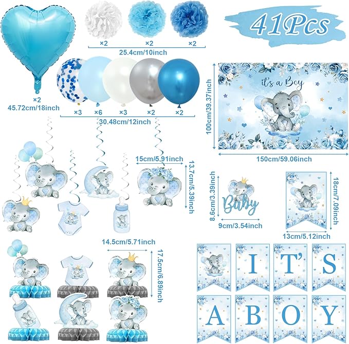 Elephant Baby Shower Decorations for Boy, Blue Baby boy Shower Decorations Kit with It's a Boy Backdrop Banner, Cake Toppers, Hanging Swirls, Centerpieces, Balloons and Pompoms Birthday Elephant Decor