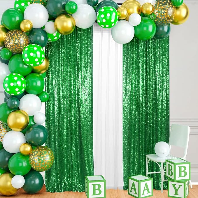 PartyDelight Green Sequin Backdrop Curtains 2x8ft 4 Panels | 3mm stitched sequin curtain with 4 inch rod pocket for 2x8ft 4 panel fuller wall coverage pleated backdrop and 8ft stand