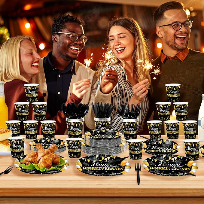 168Pcs Happy Workiversary Party supplies for Men Women, Serves 24 | Black Gold Happy Work Anniversary Plates and Napkins Cups Tableware Set for Worker Employee Appreciate Office Decorations