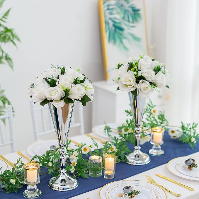 Sliver Vase Centerpiece Table Decorations - 2 Pcs Metal Tabletop Flower Stand, Wedding Decorations for Reception, 14in Trumpet Tall Flower Vase for Birthday, Weddings, Anniversary Ceremony, Home Decor