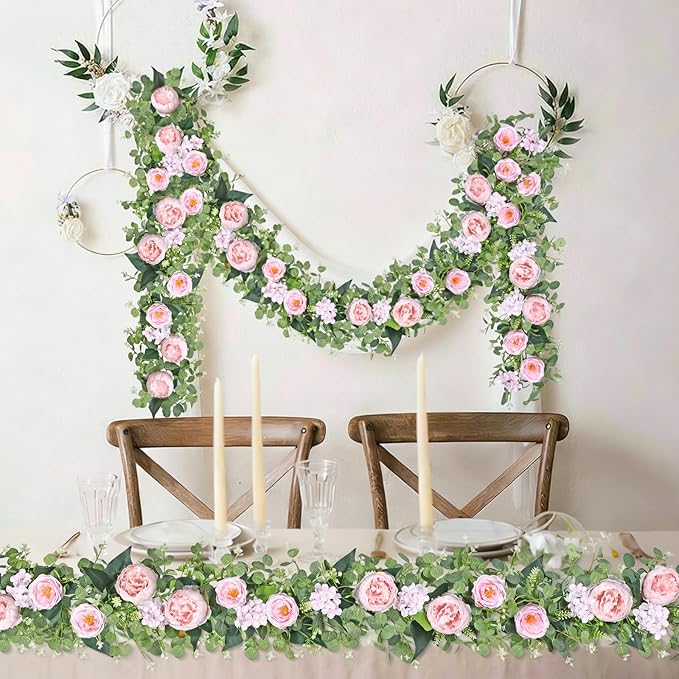 Betylifoy 2 Pack 12Ft Pink Flower Garland Artificial Eucalyptus Flower Garlands Fake Peony Rose Floral Vines Silk Hydrangea Hanging Vine Greenery Garland for Wedding Party Table Wall Backdrop Decor
