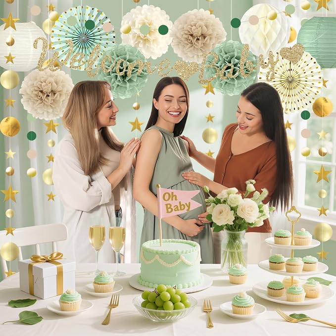 Sage Green Baby Shower Decorations - Welcome Baby Banner, Paper Lanterns, Tissue Pom Poms, honeycombs, Paper fan Tassel, Circle Dots Star, Gender Reveal Birthday Party Decorations