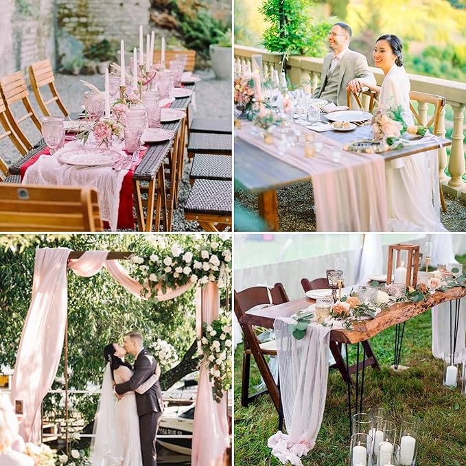 8 Pack Pink Cheesecloth Table Runner 10Ft Gauze Cheese Cloth Table Runner 35x120Inch Romantic Boho Table Runners for Wedding Banquet Event Birthday Party Anniversary Bridal Baby Shower Table Décor