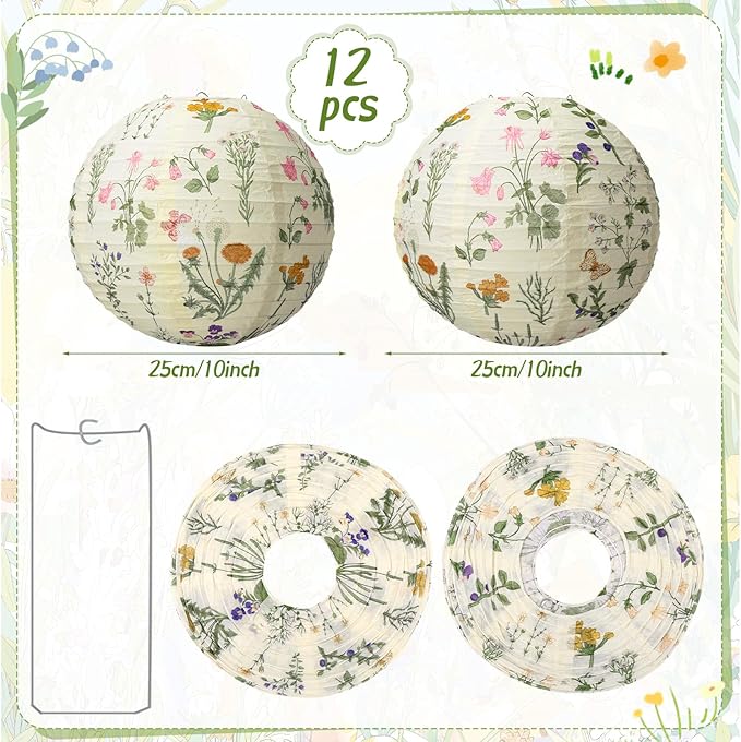 Honoson 12 Pcs Wildflower Paper Lanterns Spring Floral Wildflower Party Decorations Hanging 10 Inch Chinese Lanterns for Wedding Bridal Shower Baby Shower Tea Party Decorations