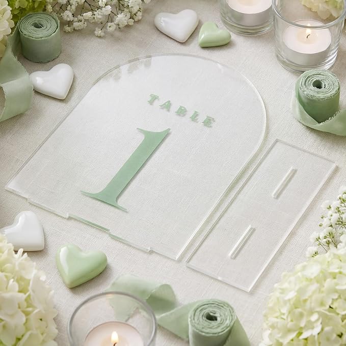 15 Pcs Frosted Arch Wedding Table Numbers with Stands 1-15, 5"x7" Acrylic Display Signs and Holders, Perfect for Centerpiece, Reception, Party, Anniversary, Banquet, Event (Sage Green)