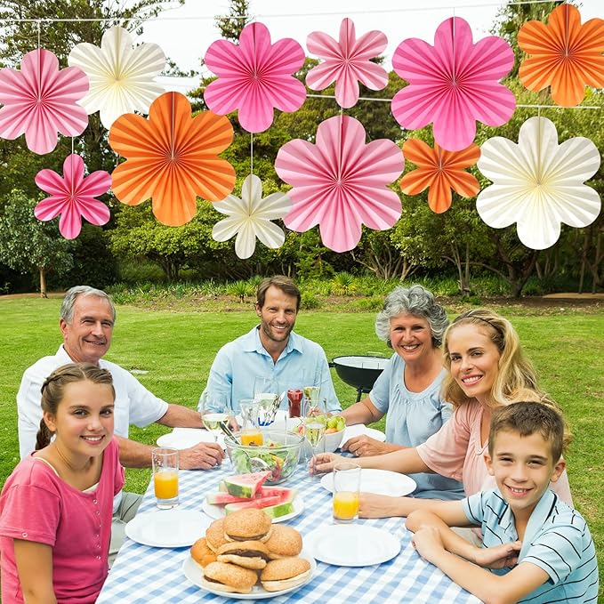 BestoFun 12 PCS Paper Flowers Fans Pink and Orange Party Decorations Paper Flowers Decorations for Wall Girl Groovy Birthday Baby Shower Wedding Bachelorette Room Hanging Décor