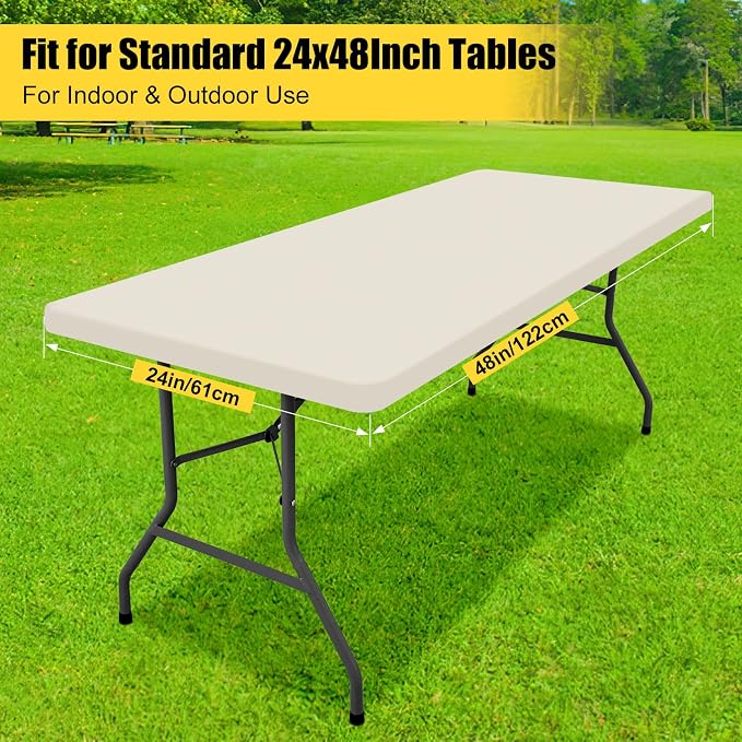 Smiry 3 Pack Rectangle Table Cloth, Elastic Fitted Flannel Backed Vinyl Tablecloths for 4ft Folding Tables, Waterproof Wipeable Table Covers for Indoor, Outdoor, Camping and Picnic (Beige, 24"x48")