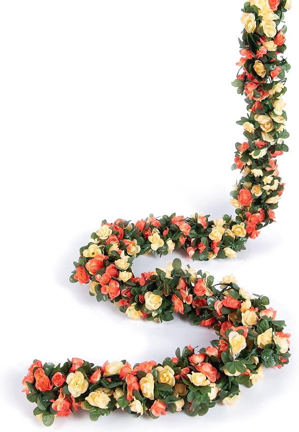 PONKING 8 Pcs x 8.2 ft Flower Garland Artificial Rose Vine Flowers with Green Leaves Hanging Fake Roses Vine for Room Party Home Wedding Birthday Christmas Wall Arch Decor, Champagne Flower