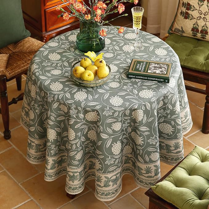 ISAENNE Designer Linen Green Round Tablecloth,Diameter 67"-Andrew A | Vintage Elegant French Beautiful Decor Table Cloth,Floral Pattern,Heavyweight,Dining Room,Tea Party,Kitchen,Thanksgiving