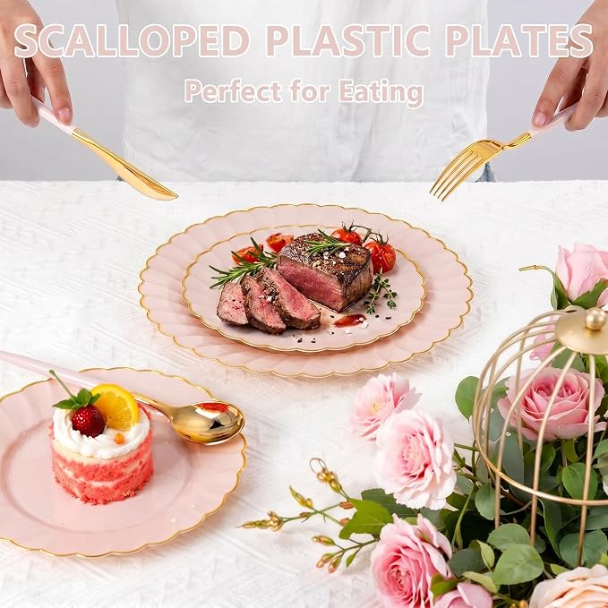Ciaell 175 PCS Pink Scalloped Plastic Plates with Gold Trim - Pink Plastic Silverware with Handle - Fancy High-End Dinnerware Sets for Wedding & Baby Showers & Party