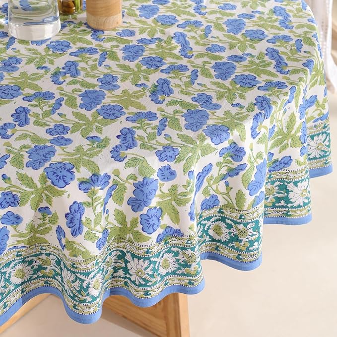 Hand Block Printed Tablecloth – Colorful Floral Print | 100% Cotton | Indian Artisan Handmade Art | Dining Room, Kitchen, Outdoor Décor, (Dusky Leaf Whisper, 6 Seater 72 Inches Round)