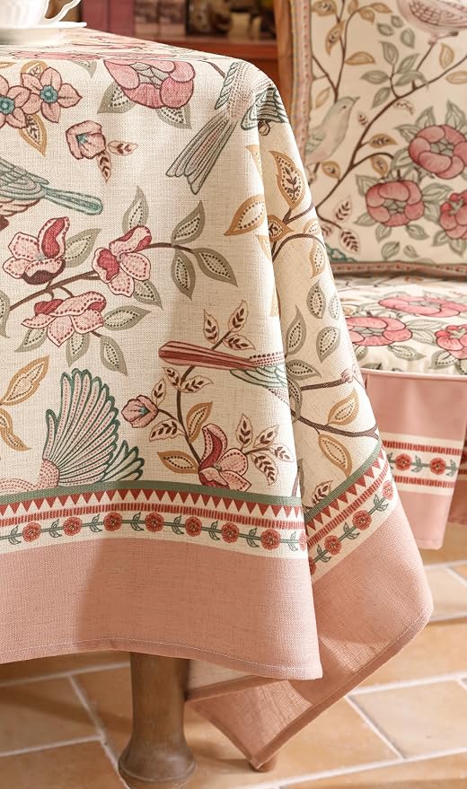 patdrea Vintage French Linen Tablecloth,Rectangular,94"x63"-Kulom A | Elegant Large Table Cloth for Rectangle Table,Leaves and Bird Patterned,Dining Room Tea Party Thanksgiving Decor,Pink