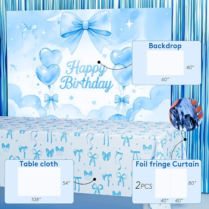 189pcs Blue Bow Coquette Birthday Decorations Soft Blue Aesthetic Party Set with Banner Backdrop Foil Balloons Table Cloth Fringe Curtain Hanging Swirls Cake Topper, Dreamy Romantic Decor Supplies