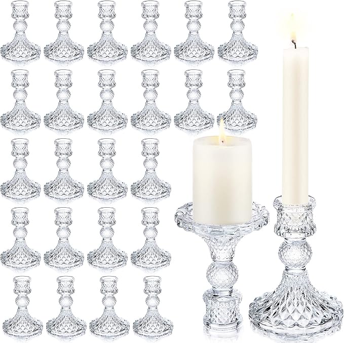 Sieral 24 Pcs Clear Taper Candle Holders 4'' Tall Glass Candlestick Holders Bulk Crystal Decorative Stand Wedding Stick Holder for Anniversary Party Dining Table Festival Decor