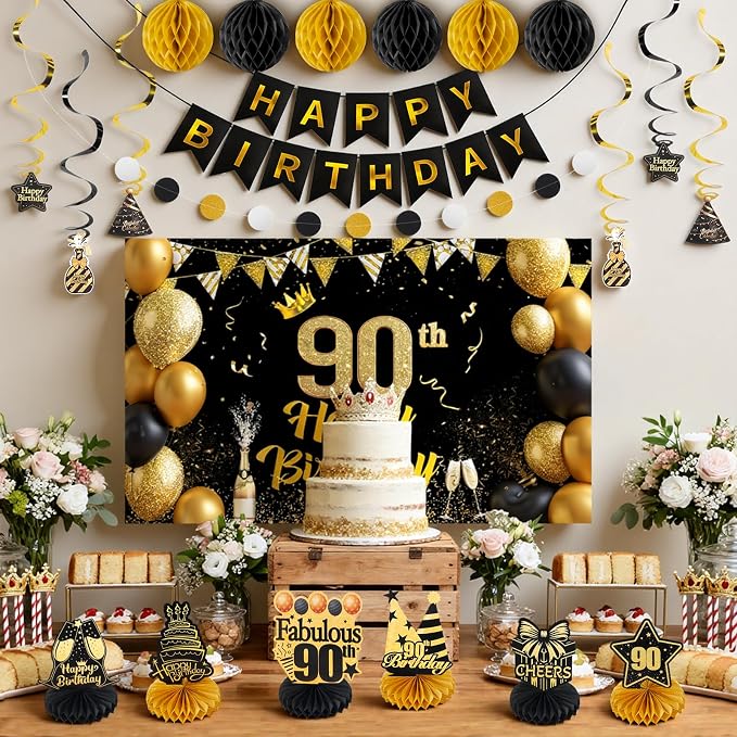 Happy 90th Birthday Party Decoration: Including Birthday Banner Backdrop, Party Table Centerpieces and Hanging Swirl Party Streamers, Birthday Decor for Men and Women (Gold/Black, 90th Birthday)