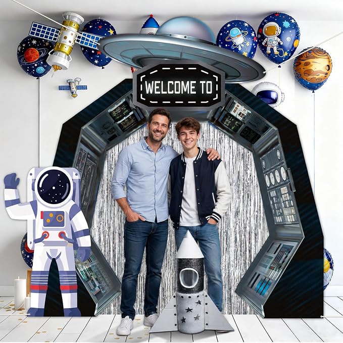 Space Birthday Party Hanging Banner Backdrop Astronaut Planet Door Covers Outer Space Silver Foil Fringe Backdrop Decorations for Wall Table Entryway Room Classroom Supplies