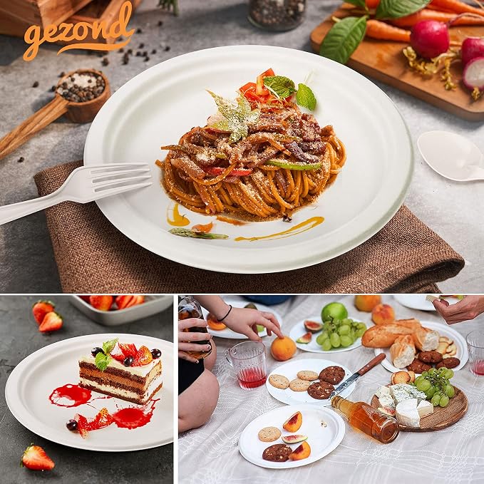 Gezond Compostable Paper Plates 250pcs Disposable Plates Heavy-Duty Paper Plates Biodegradable White Plates for Party Sugarcane Plates Cornstarch Forks Knives Spoons for 50 Guests