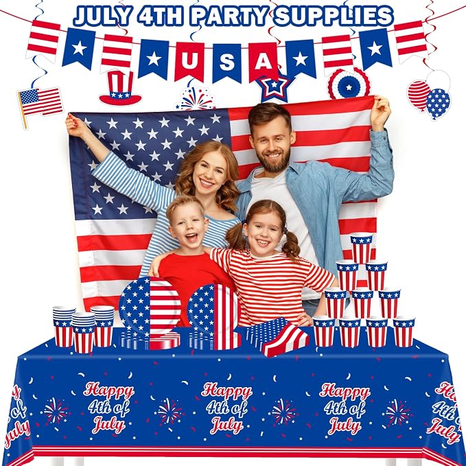 4th Fourth of July Party Supplies Favors for 250th Anniversary, Patriotic Red White Blue Plates,Napkins,Cups,Tablecloth,Hanging Decorations for 25 Guests, USA Accessories for Memorial Independence Day