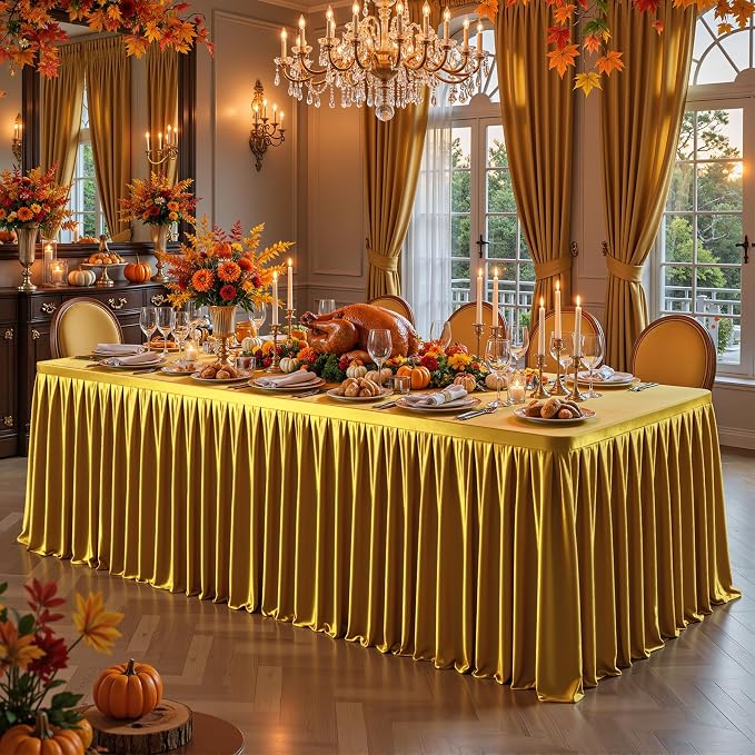 6 Packs Gold Satin Tablecloths Rectangle 8FT, Glitter Spandex Fitted Stretch Table Covers Wrinkle-Free Floor Length Shimmer Table Skirt for Weddings Parties Baby Shower Banquets Vendor Events