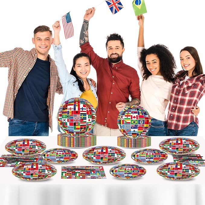 50 Guests International World Flags Party Supplies Decor Around The World Plates and Napkins Forks Travel Trip International Flags Tableware Country Paper Plates for Birthday Baby Shower Party 200PCS