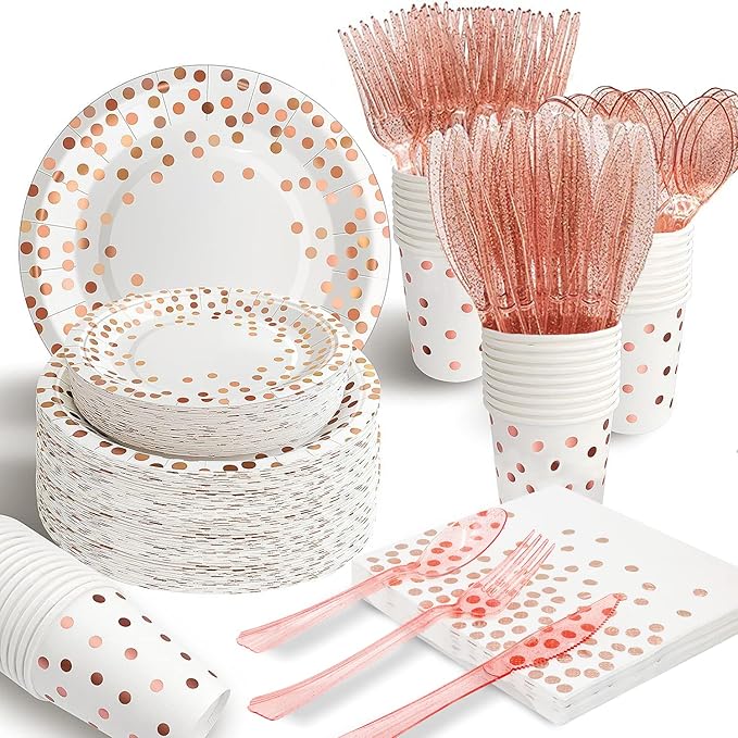 AIRE 350PCS White Rose Gold Party Supplies, Bulk Disposable Dinnerware Set Serves 50, Heavy Duty Paper Plates & Plastic Cutlery Forks Knives Spoons for Wedding, Engagement, Large Event