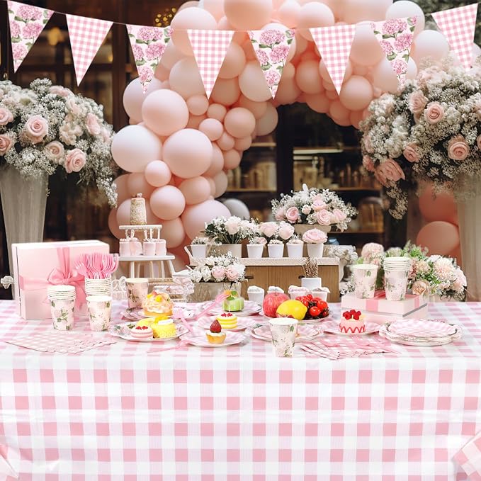 LemonRoad 128 Pcs Pink Gingham Hydrangea Party Decoration for 25, Pink and White Floral Checkered Paper Plates Napkins Cups Tablecloth Forks Banner for Bridal Baby Shower Birthday Tea Party Supply