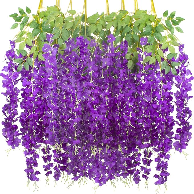 AITISOR 12 Pack Artificial Flowers Silk Wisteria Vine Ratta Hanging Flower (Blue)