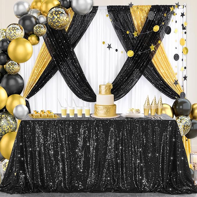 B-COOL Black Sequin Curtains Drapes 4 Panels Glitter Party Curtains 2FTx8FT for New Years Gothic Themed Party Birthday Stage Holiday Decorations