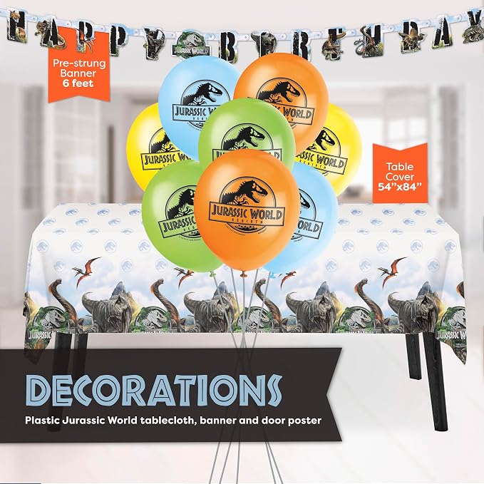 Jurassic Park Birthday Decorations for 16 | Balloons, Banner, Tablecloth, Plates, Napkins, Tattoos| Officially Licensed Jurassic World Party Decorations