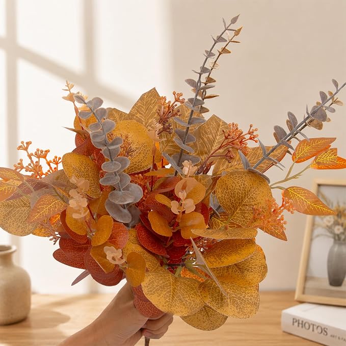 130 Pcs Fall Mixed Greenery Artificial Eucalyptus Stems Bulk, 6 Kinds of Fake Eucalyptus Leaves, Autumn Faux Floral Arrangement for Wedding Bouquet, Farmhouse Home Thanksgiving Decor (130, Orange)