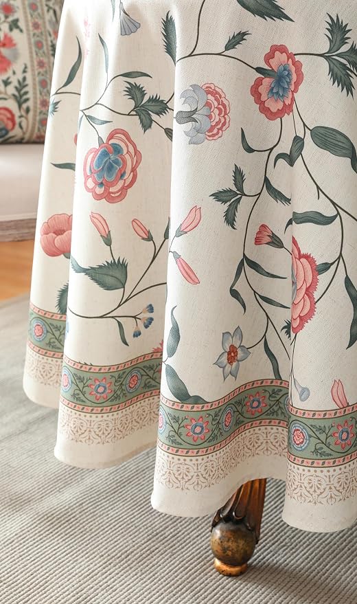 ISAENNE Designer French Linen Round Tablecloth,Diameter 67"-Daffy | Vintage Elegant Table Cloth for Round Table,Floral Pattern,Decoration,Heavyweight,Dining,Kitchen,Tea Party,Thanksgiving