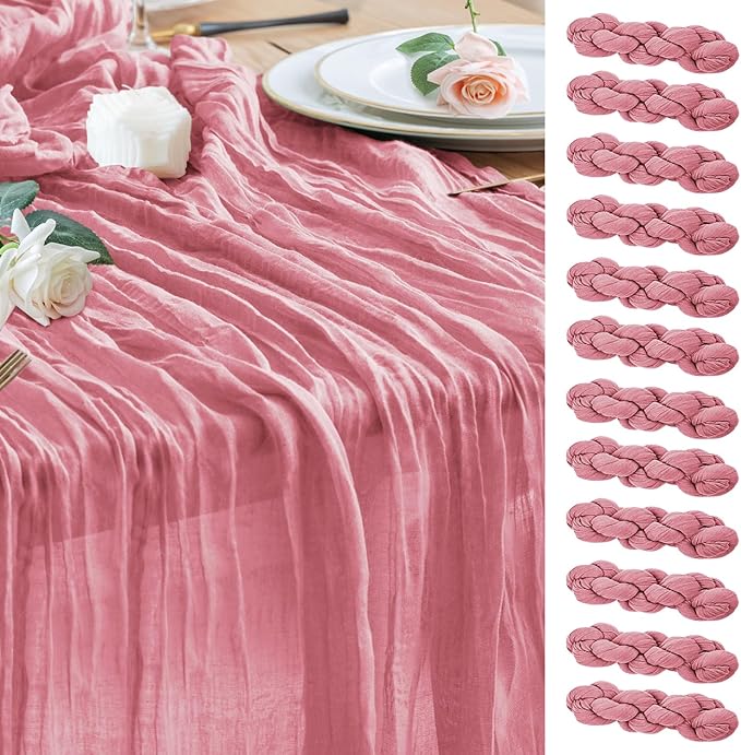 Wokceer Cheesecloth Table Runner 12Pack 10FT Dusty Rose Boho Gauze Cheese Cloth Table Runner for Party Long Rustic Sheer Table Runners for Baby Bridal Shower Wedding Easter Table Decor