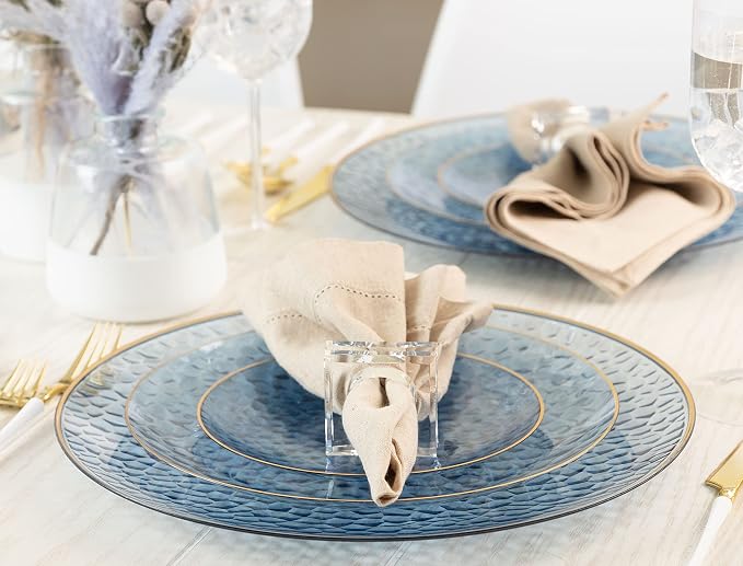 PLASTICPRO 30 Pack Hammered Plastic Plates Heavyweight Disposable Plastic Plates Elegant Clear Hammered Rim Platsic Party Dishes (Blue With Gold Rim, 10'' INCH PLATES)