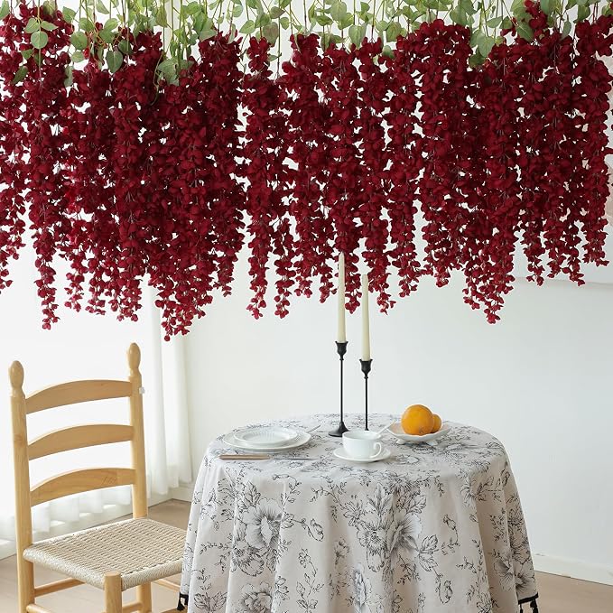 mizii 6Pcs Burgundy Wisteria Hanging Flowers 48" Silk Wisteria Artificial Flowers Garland Vines Fake Hanging Flower Decoration for Wedding Wall Backdrop Centerpieces Party Room Decor (Burgundy Red)