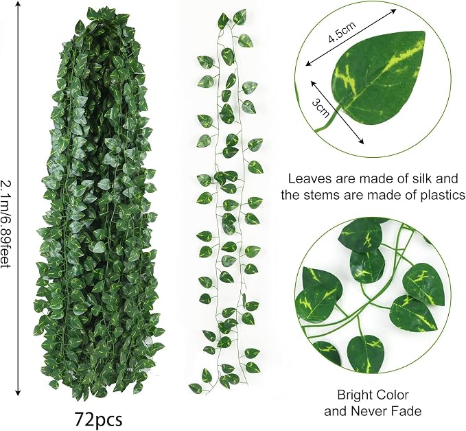 CEWOR 72 Pack 474ft Fake Vines with Leaves for Bedroom Decoration, Ivy Garland Fake Ivy Leaves Artificial Greenery Garlands Hanging Vines for Room Decor Wedding Wall Indoor Outdoor