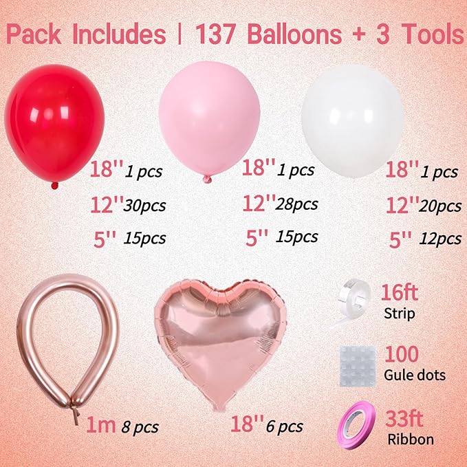 137 Pcs Valentines Day Balloon Arch Kit - Red Pink White Matte Latex & Rose Gold Heart Foil Balloons for Romantic Decorations, Galentines Party, Wedding Anniversary, Mother's Day, Proposal Backdrop