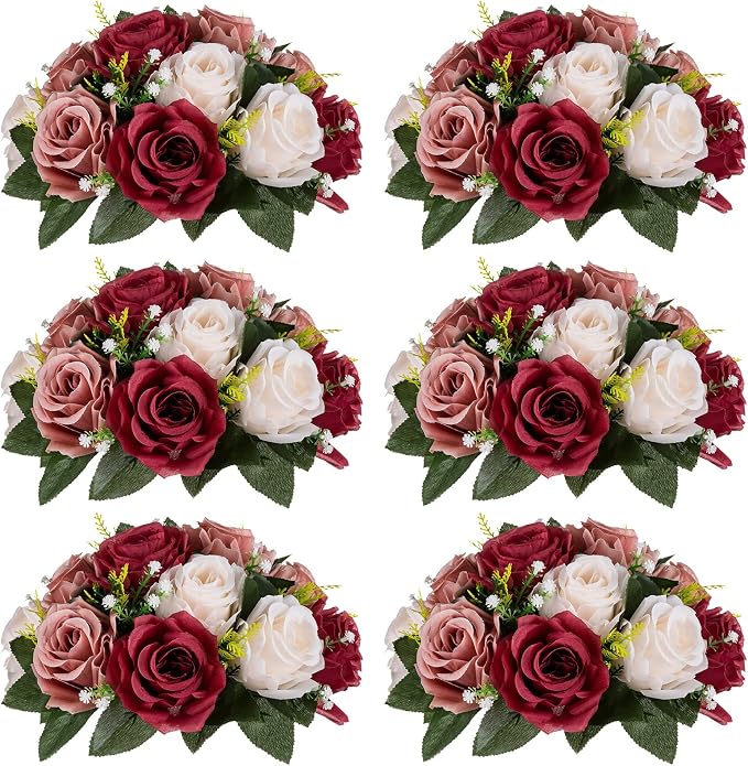 Nuptio Artificial Flower Centrepieces for Tables - 6 Pcs Burgundy & Dusty Rose & Creamy White Fake Flowers Roses Balls 9.5in Diam - Silk Faux Rose Arrangement for Wedding Party Centerpiece Table Decor